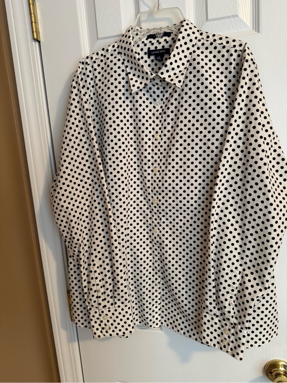 Lands' End Black Polka Dot Button-Up Blouse on White
